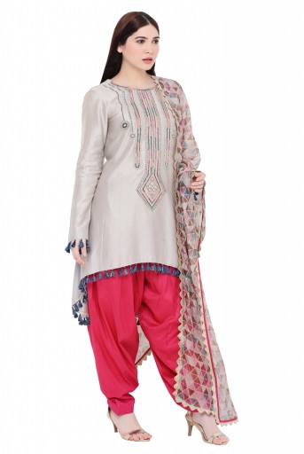 PS-KS0005-A  Grey Colour Silkmul Kurta with Coral Colour Cotton Silk Salwar and Tissue Dupatta