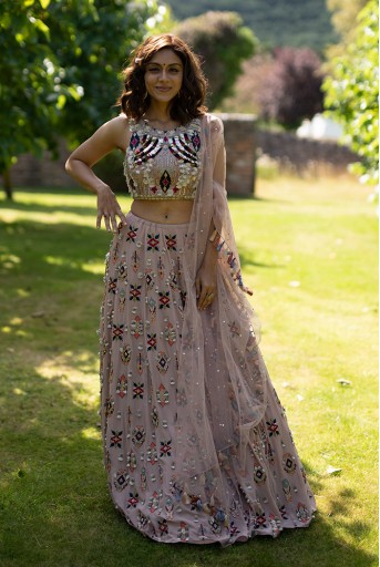 PS-FW628-A  Grey Georgette Choli and Lehenga with Mukaish Net Dupatta