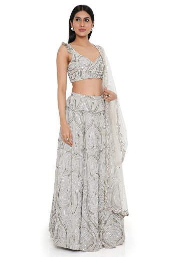 PS-LH0110  Grey Georgette Embroidered Choli And Lehenga With Mukaish Net Dupatta