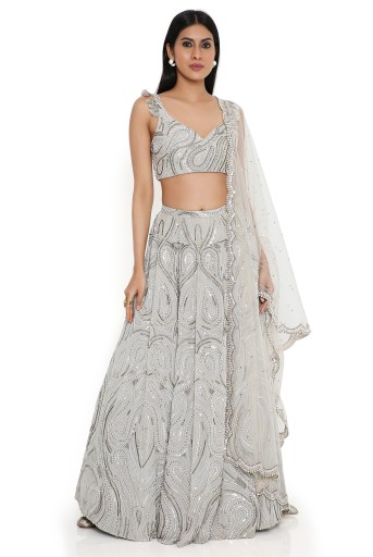 PS-LH0110  Grey Georgette Embroidered Choli And Lehenga With Mukaish Net Dupatta