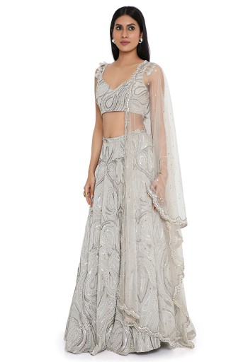 PS-LH0110-1 Grey Georgette Embroidered Choli And Lehenga With Mukaish Net Dupatta