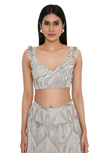 PS-LH0110-1 Grey Georgette Embroidered Choli And Lehenga With Mukaish Net Dupatta