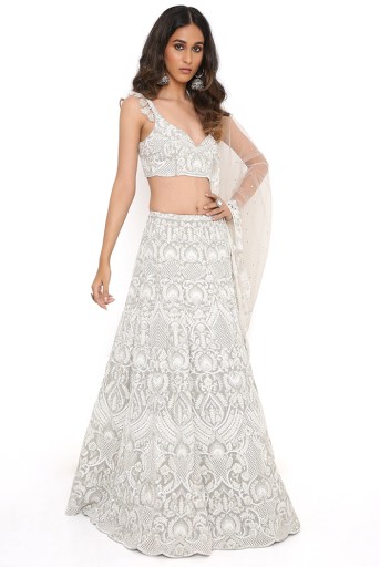 PS-LH0104  Grey Georgette Embroidered Choli And Lehenga With Net Mukaish Dupatta