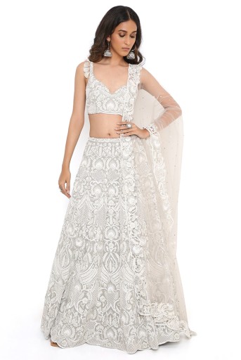 PS-LH0104  Grey Georgette Embroidered Choli And Lehenga With Net Mukaish Dupatta