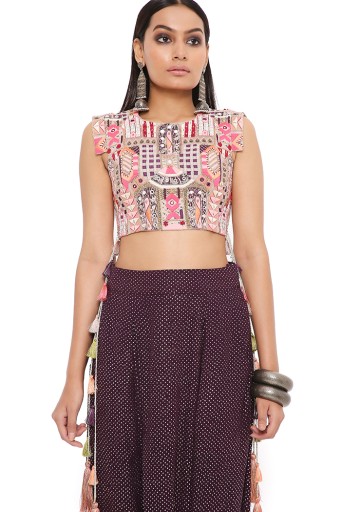 PS-TL0019  Grey Georgette Embroidered Crop Top With Purple Mukaish Georgette Low Crotch Pant