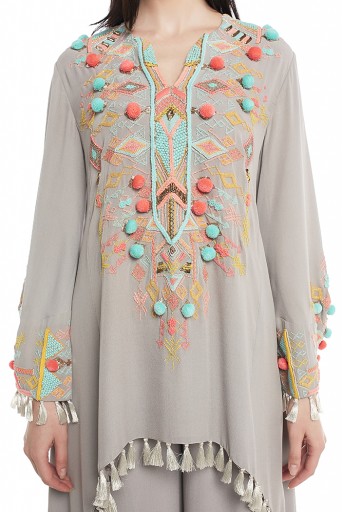 PS-KP0015-A  Grey Georgette High-Low Kurta with Frill Palazzo and Net Dupatta