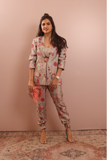 PS-JK0087  Grey Gulbagh Print Blazer With Bustier And Pant