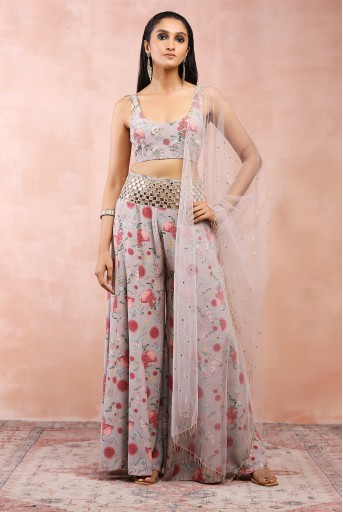 PS-CS0072-7  Grey Gulbagh Print Embroidered Choli With Sharara And Dupatta