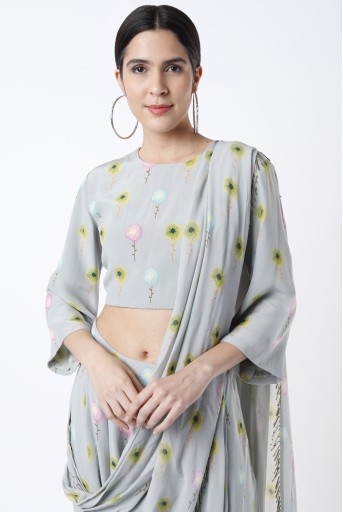 PS-ST1188-M  Grey Meadow Printed Crepe Crop Top And Low Crotch Pants With Attached Georgette Drape