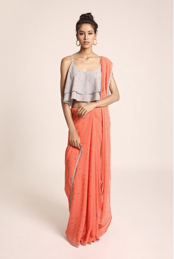 PS-ST1207M Grey Printed Art Crepe Two Layer Top with Coral Printed Art Georgette Saree