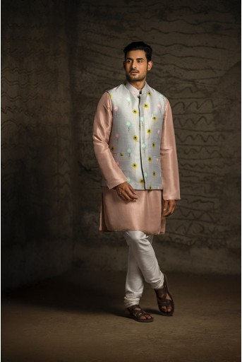 PS-MN079 Grey Printed Dupion Silk Bandi with Rose Pink Silk Kurta and Off White Cotton Silk Churidar