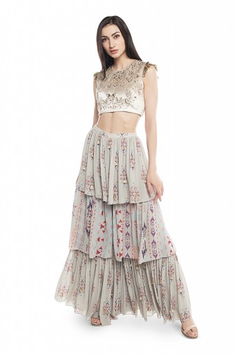 PS-FW613-A  Grey Velvet Choli with Grey Printed Georgette Layered Sharara