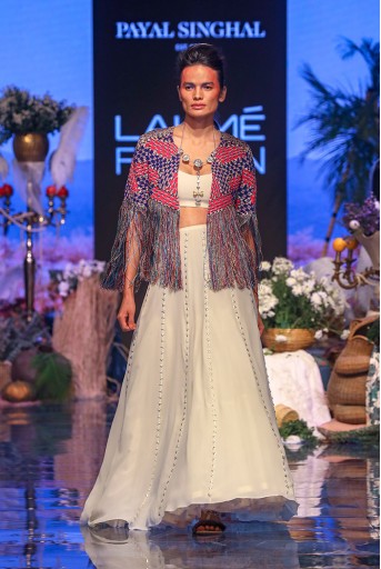 PS-FW638 Gul Chalk White Georgette Jacket with Bustier and Lehenga