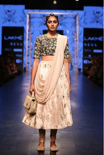 PS-FW570 Gulzar Stone Crepe Choli and Stone Velvet and Soft Net Churidar Skirt with attached Mukaish Georgette Drape