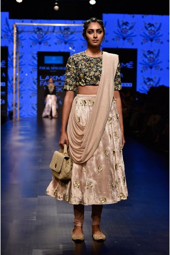 PS-FW570 Gulzar Stone Crepe Choli and Stone Velvet and Soft Net Churidar Skirt with attached Mukaish Georgette Drape