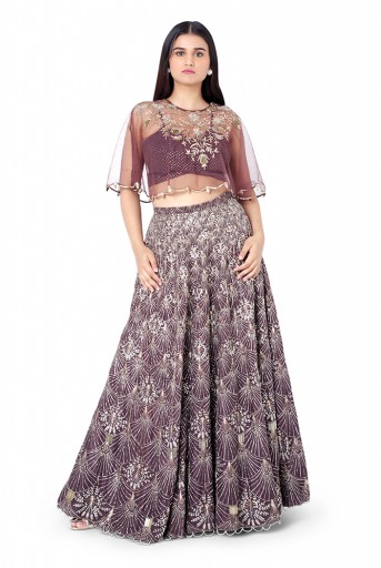 PS-ST0885-D-2  Gunmetal Brown Colour Net Cape with Mukaish Georgette Bustier and Silk Lehenga