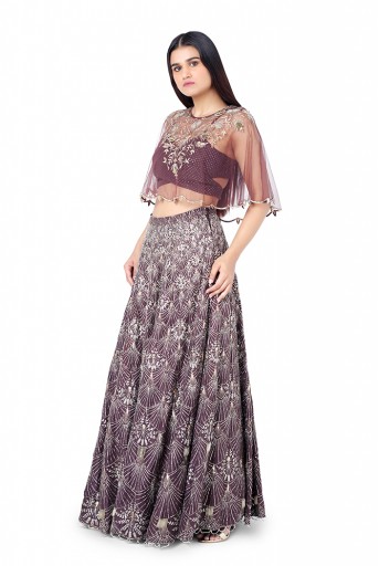 PS-ST0885-D-2  Gunmetal Brown Colour Net Cape with Mukaish Georgette Bustier and Silk Lehenga