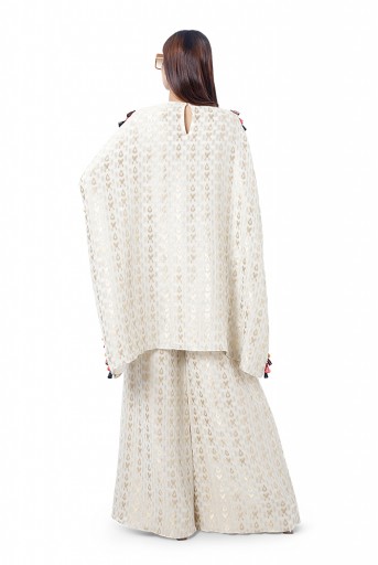 PS-FW755  Hafsa Chalk White Colour Ikat Brocade Georgette Embroidered Short Kaftan with Palazzo