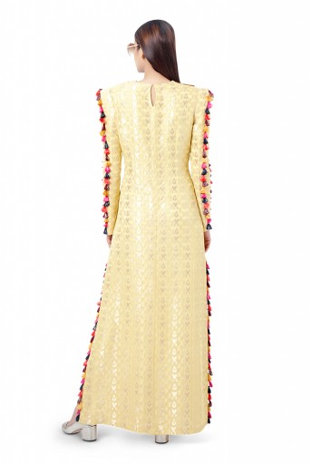 PS-FW756  Hasana Pale Yellow Colour Ikat Brocade Georgette Embroidered Kaftan
