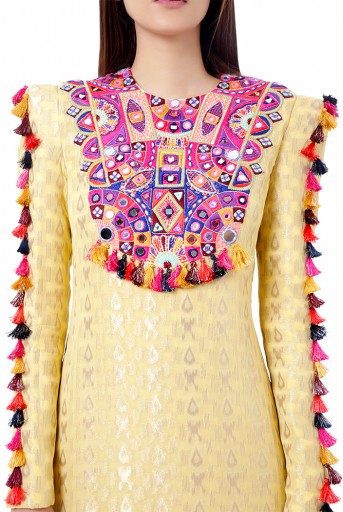 PS-FW756  Hasana Pale Yellow Colour Ikat Brocade Georgette Embroidered Kaftan
