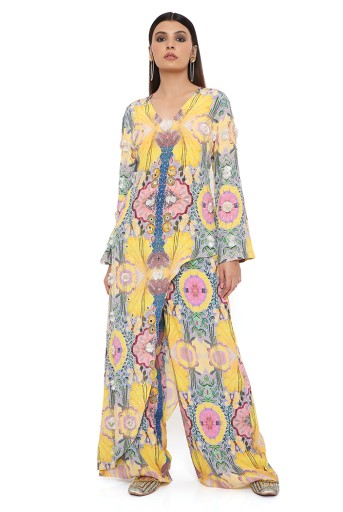 PS-KP0215  Helen Yellow Enchanted Print Crepe Embroidered One Side Trail Kurta With Cropped Palazzo