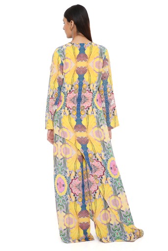 PS-KP0215  Helen Yellow Enchanted Print Crepe Embroidered One Side Trail Kurta With Cropped Palazzo