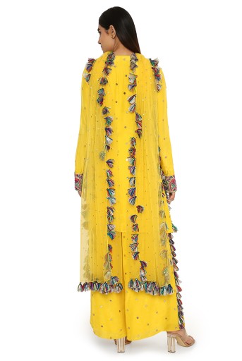 PS-KP0129  Helena Yellow Colour Silk Embroidered Kurta With Palazzo And Net Dupatta