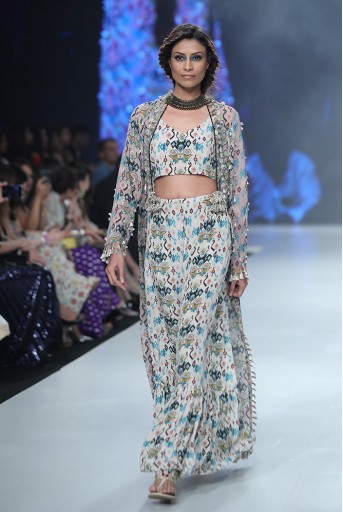 PS-FW659F Heline Pink Printed Georgette Jacket with White Printed Crepe Bustier and Sharara Pant