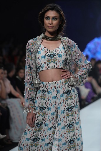 PS-FW659F Heline Pink Printed Georgette Jacket with White Printed Crepe Bustier and Sharara Pant