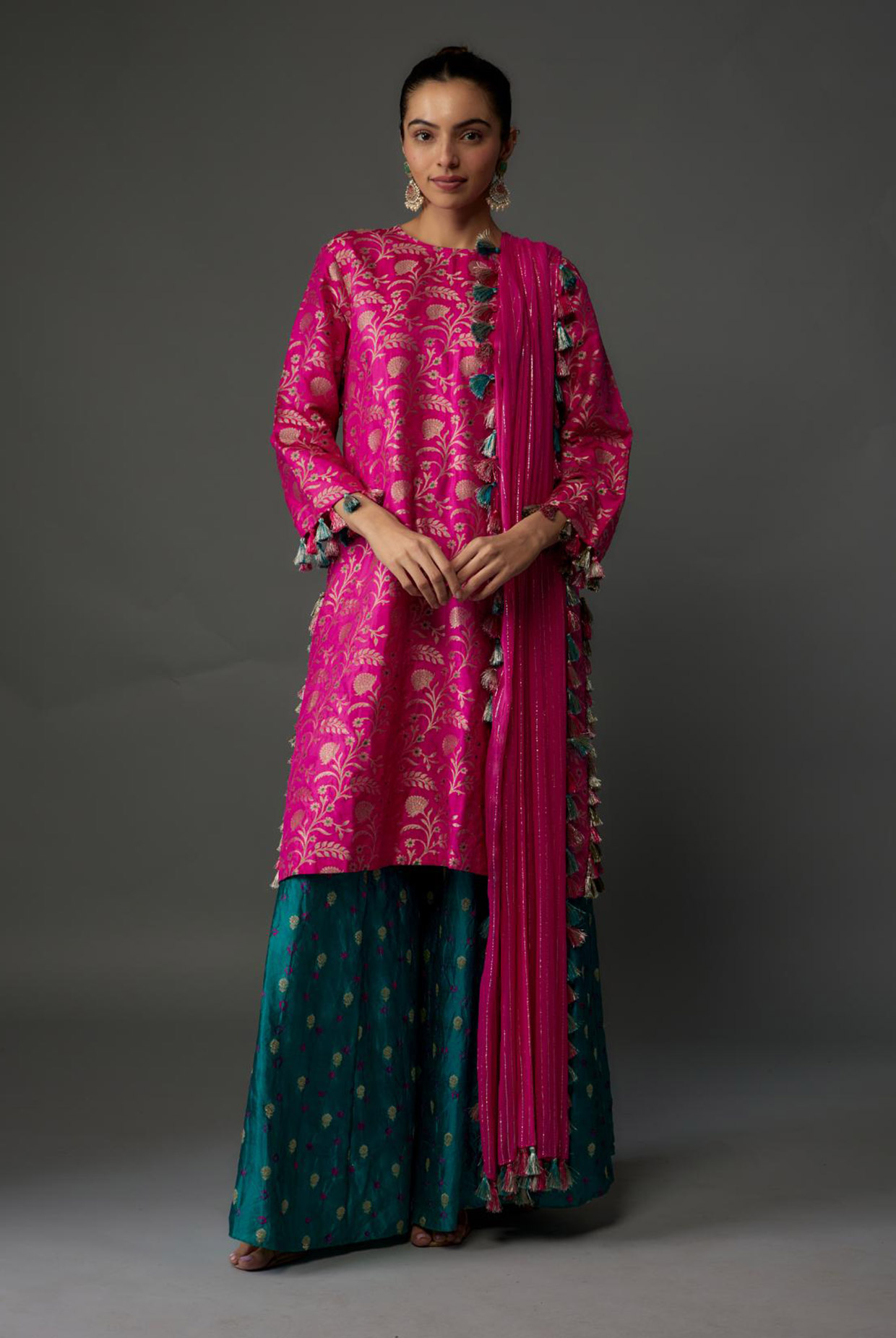 Hot pink embroidered sharara set designed by Payal Singhal at AASHNI+CO.