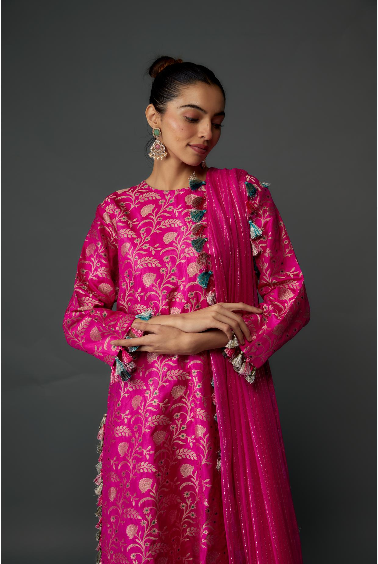 Hot pink embroidered sharara set designed by Payal Singhal at AASHNI+CO.