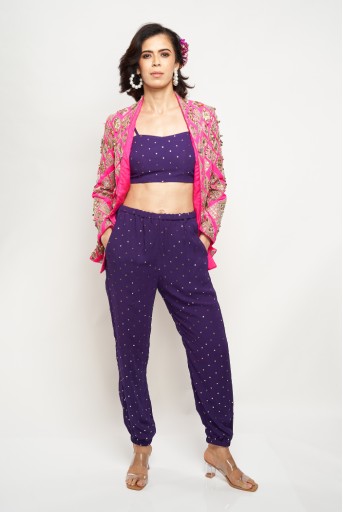 PS-JK0048  Hot Pink Colour Georgette Embroidered Jacket With Purple Georgette Bustier and Jogger Pants