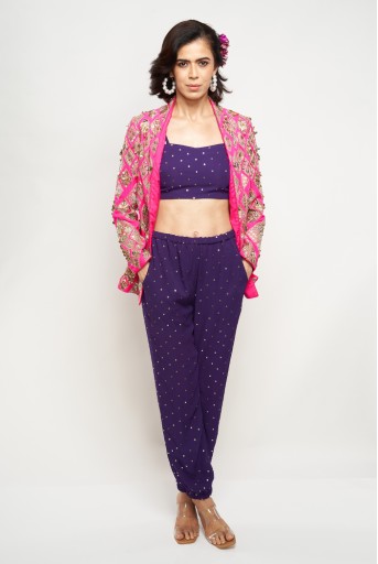 PS-JK0048  Hot Pink Colour Georgette Embroidered Jacket With Purple Georgette Bustier and Jogger Pants