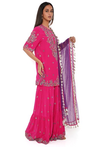 PS-KS0023-C  Hot Pink Crepe Embroidered Kurta And Sharara With Purple Mukaish Net Dupatta