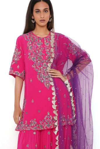 PS-KS0023-C  Hot Pink Crepe Embroidered Kurta And Sharara With Purple Mukaish Net Dupatta