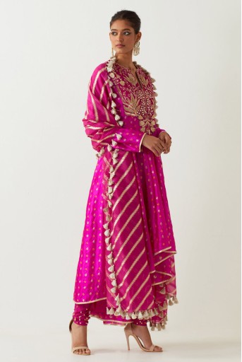 PS-AK0008-G  Hot Pink Embroidered Anarkali And Churidar With Organza Dupatta