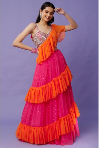PS-LH0073-B  Hot Pink Georgette Embroidered Choli And Mukaish Georgette Lehenga With Attached Orange Soft Net Frills