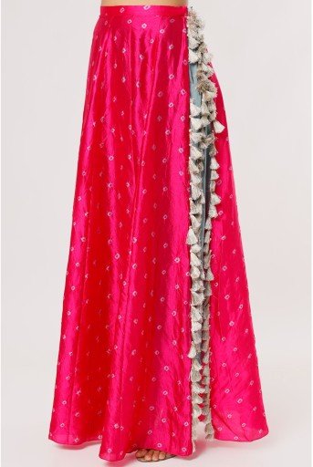 PS-CS0016-C  Hot Pink Georgette Embroidered Choli And Periwinkle Blue Crepe Low Crotch Pant With Attached Pink Bandhani Silk Skirt
