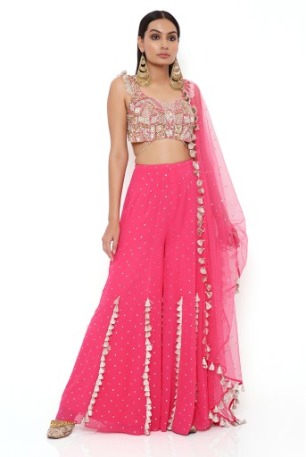 PS-CS0046-B  Hot Pink Georgette Embroidered Choli And Mukaish Georgette Sharara With Mukaish Net Dupatta