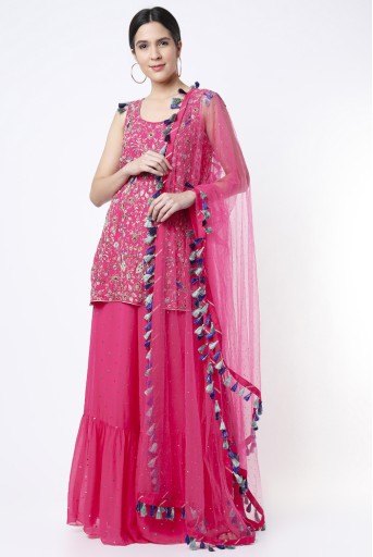 PS-KP0092-C  Hot Pink Georgette Embroidered Kurta With Dot Mukaish Georgette One Frill Sharara And Dot Net Mukaish Dupatta