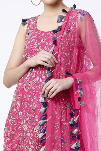 PS-KP0092-C  Hot Pink Georgette Embroidered Kurta With Dot Mukaish Georgette One Frill Sharara And Dot Net Mukaish Dupatta