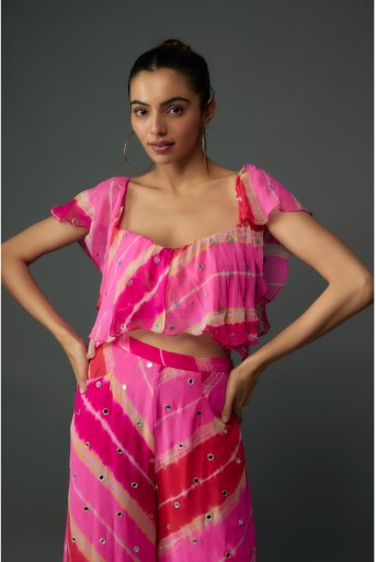 PS-PT0089-C-1  Hot Pink Leheriya Chiffon Georgette Embroidered Ruffle Top And Pant