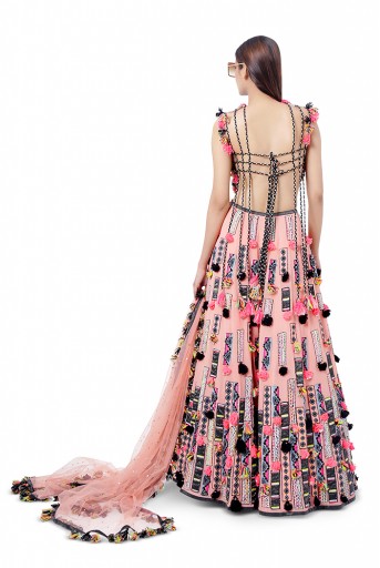 PS-FW758  Idris Coral Colour Georgette Embroidered Back Tie-Up Choli with Lehenga and Dot Net Mukaish Dupatta