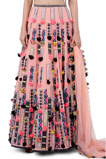 PS-FW758  Idris Coral Colour Georgette Embroidered Back Tie-Up Choli with Lehenga and Dot Net Mukaish Dupatta
