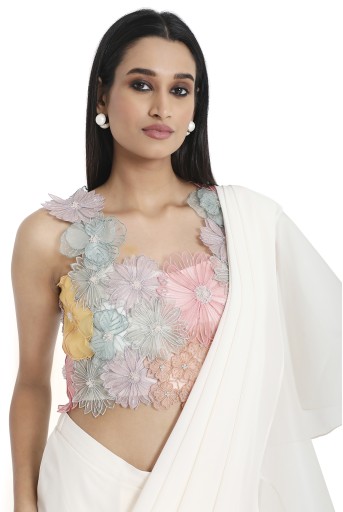 PS-SR0070  Ilsa Off White 3D Flower Embroidered Choli And Pre-Stitched Saree With Frill