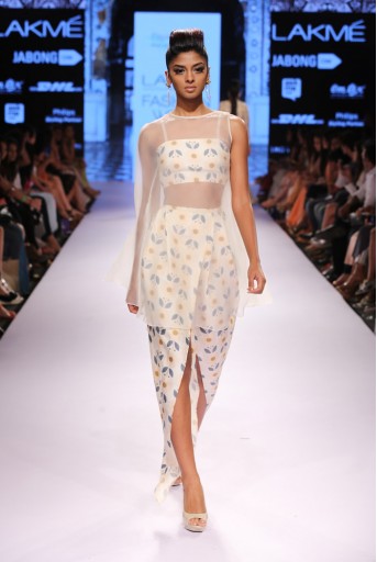 PS-FW310 Imara Ivory Printed Dupion Silk Bustier with Dhoti Pant and Organza Cape