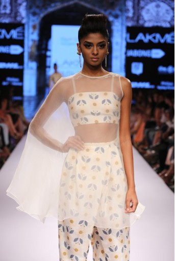PS-FW310 Imara Ivory Printed Dupion Silk Bustier with Dhoti Pant and Organza Cape