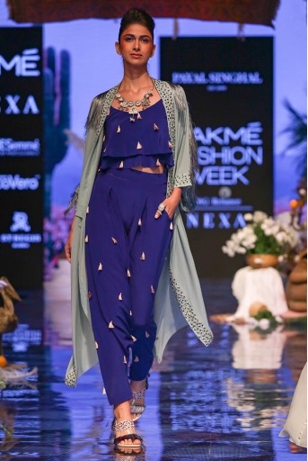 PS-FW639 Ina Periwinkle Blue Georgette Jacket with Cobalt Blue Crepe Layered Top with Low Crotch Pant
