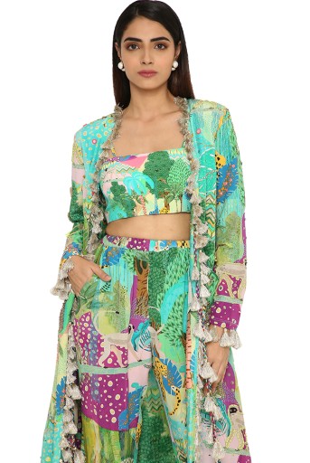 PS-JK0044  Insha Kuno Print Crepe Embroidered Jacket With Bustier And Jogger Pants
