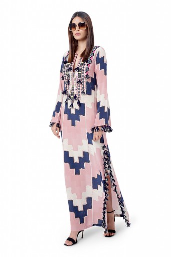 PS-FW781  Iqra Blush Pink Colour Printed Crepe Embroidered High-Slit Kaftan